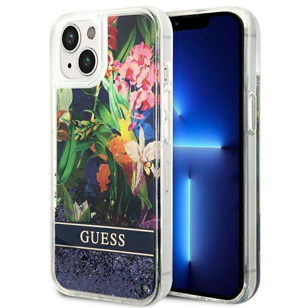Schutzhülle IPHONE 14 Guess Hardcase Flower Liquid Glitter blau