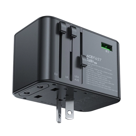 Acefast Z1 GaN 75W PD Reiseladeadapter 3x USB-C 2x USB-A - Schwarz