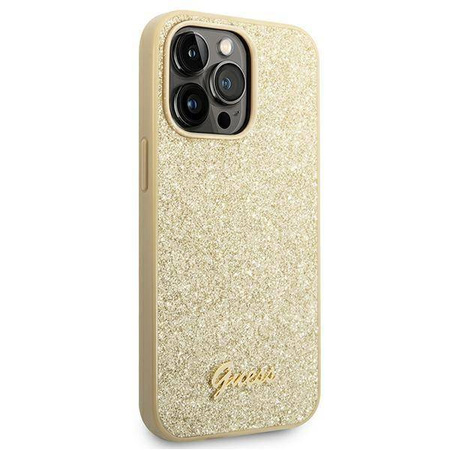 Guess Glitter Flakes Metal Logo Case – Etui iPhone 14 Pro (złoty)