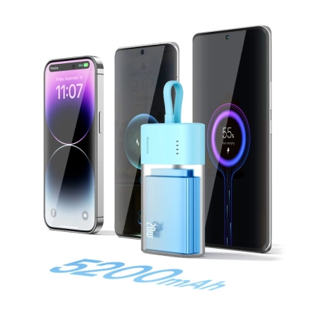 Baseus Popsicle 5200 mAh 20 W Powerbank mit integriertem Lightning Kabel (+ weißes Baseus Simple USB-C – USB-C 60 W/20 V/3 A/30 cm Kabel) – blau-orange