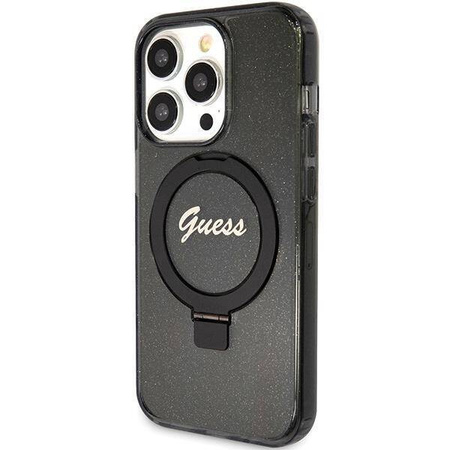 Guess Ring Stand Script Glitter MagSafe-Hülle für iPhone 15 Pro Max – Schwarz