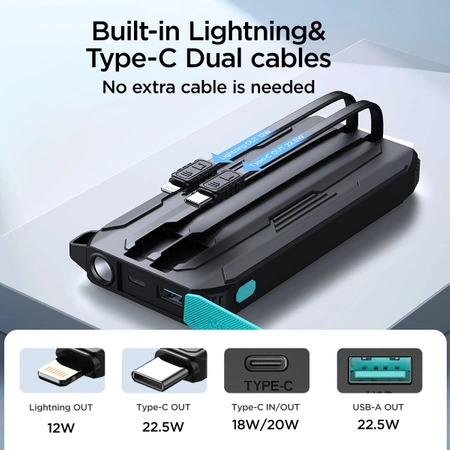 Joyroom JR-L017 22.5W 10000mAh Powerbank with built-in USB-C / Lightning cables - black