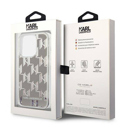 Oryginalne Etui IPHONE 14 PRO Karl Lagerfeld Hardcase Liquid Glitter Monogram (KLHCP14LLMNMS) srebrne
