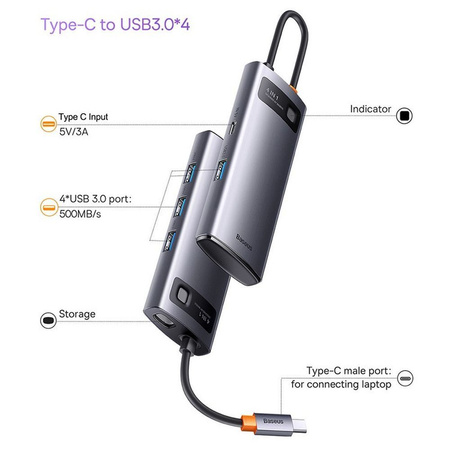 Stacja dokująca HUB Baseus Metal Gleam Series 4 w 1 USB Typ C - 4 x USB 3.2 Gen. 1 (WKWG070013)