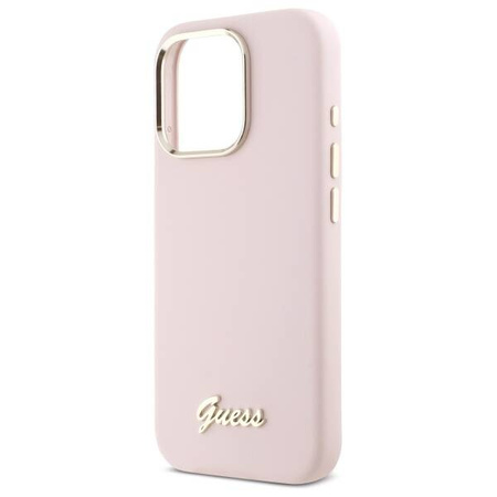 Original Case IPHONE 16 PRO MAX Guess Hardcase Silicone Script Metal Logo & Frame (GUHCP16XSMBSLP) pink