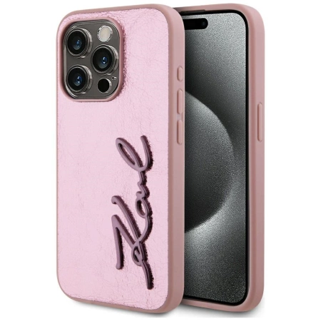 Karl Lagerfeld Wrinkled Metal Signature iPhone 15 Pro Max Hülle - Rosa