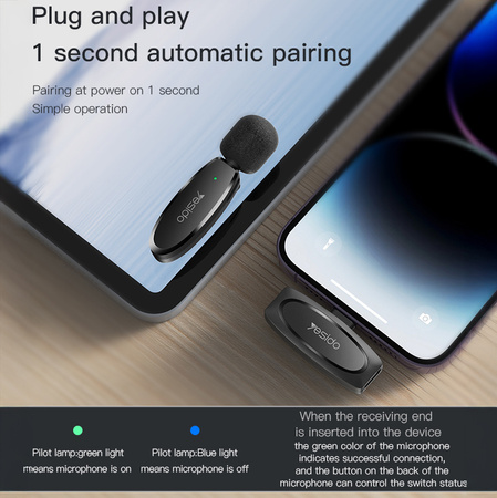 Yesido Mikrofon krawatowy bezprzewodowy KR12 Lightning czarny