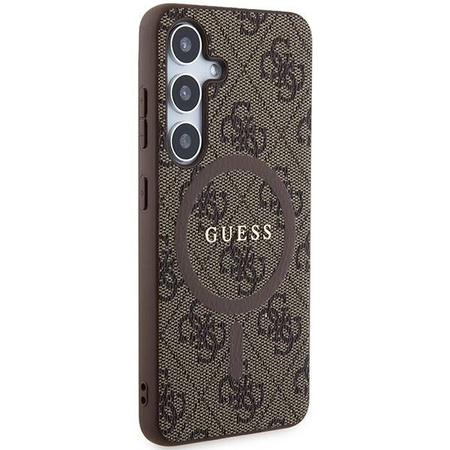 Guess 4G Collection Leder Metall Logo MagSafe Hülle für Samsung Galaxy S24 – Braun