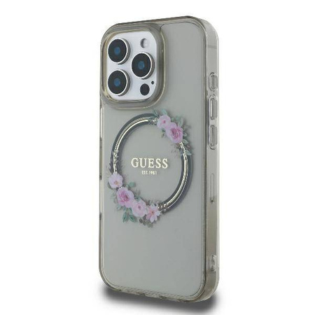Original Handyhülle IPHONE 16 PRO MAX Guess Hardcase IML Flowers Wreath MagSafe (GUHMP16XHFWFCK) schwarz
