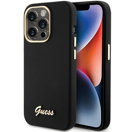 Guess Silikon Script Metal Logo &amp; Frame Hülle für iPhone 15 Pro Max – Schwarz