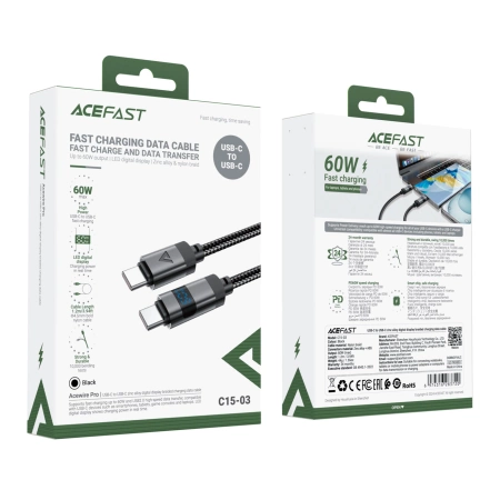 Kabel Acefast C15-04 USB-C - USB-C z wyświetlaczem 480Mb/s 66W 1.2m - czarny