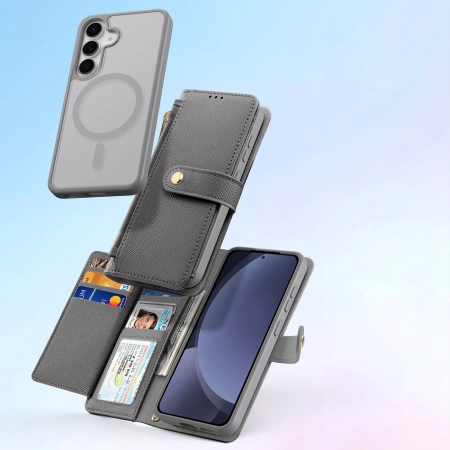 Dux Ducis Lawa Lederhülle für Samsung Galaxy S25+ mit abnehmbarer magnetischer Brieftasche – Grau