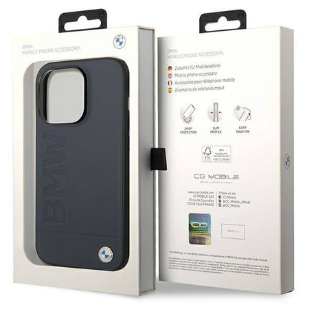 Original Handyhülle IPHONE 14 PRO BMW Hardcase Leather Hot Stamp MagSafe MagSafe (BMHMP14LSLLNA) navy blau