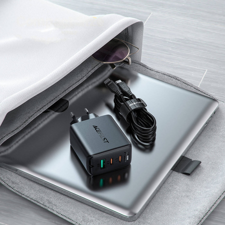 Acefast 2w1 ładowarka sieciowa 2x USB Typ C / USB 65W, PD, QC 3.0, AFC, FCP (zestaw z kablem) czarny (A13 black)