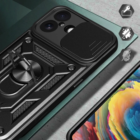 Etui Hybrid Armor Camshield na iPhone 17 pancerne z podstawką i osłoną aparatu - czarne