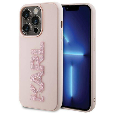 Karl Lagerfeld 3D-Gummi-Glitzer-Logo-Hülle für iPhone 15 Pro Max – Rosa