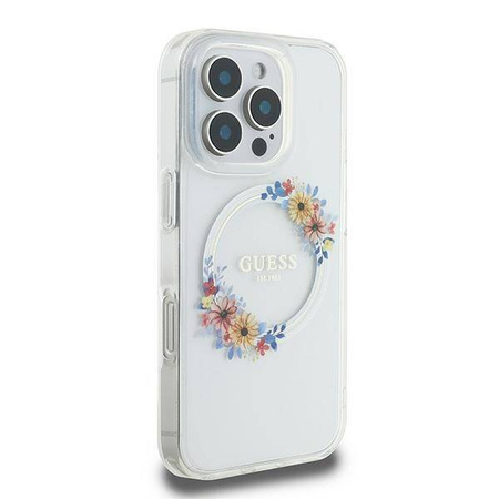 Original Handyhülle IPHONE 16 PRO Guess Hardcase IML Flowers Wreath MagSafe (GUHMP16LHFWFCT) transparent