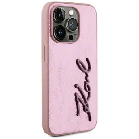 Etui Karl Lagerfeld Wrinkled Metal Signature na iPhone 15 Pro - różowe