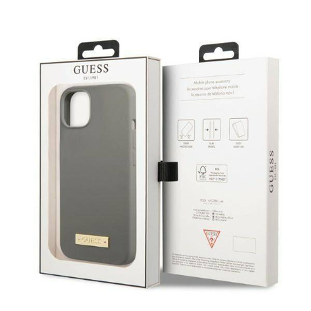 Oryginalne Etui IPHONE 13 MINI Guess Hard Case Silicone Logo Plate MagSafe (GUHMP13SSPLG) szare