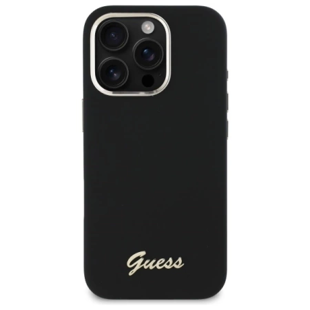 Guess Silicone Script Metal Logo &amp; Frame Case for iPhone 16 Pro - Black
