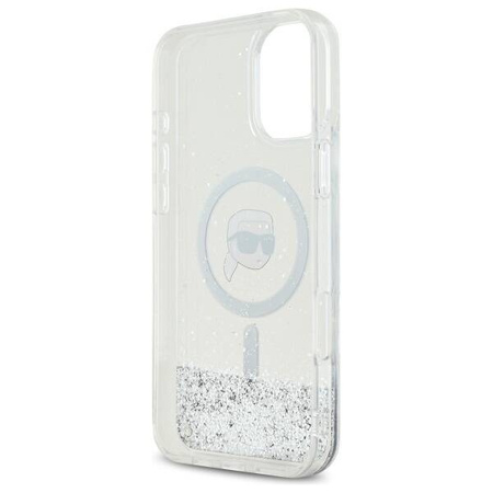 Original Handyhülle IPHONE 16 Karl Lagerfeld Hardcase Liquid Glitter Karl Head MagSafe (KLHMP16SLGKISGH) transparent