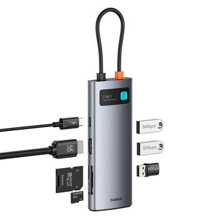 Baseus Metal Gleam 7in1 HDMI 4K 60Hz USB-C Hub / 3x USB 3.0 / USB-C PD / SD / microSD - Gray