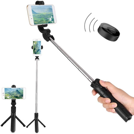 Statyw Tripod z Pilotem Bluetooth / Bezprzewodowy Selfie Stick / Kijek do Zdjęć SSTR-12 czarny