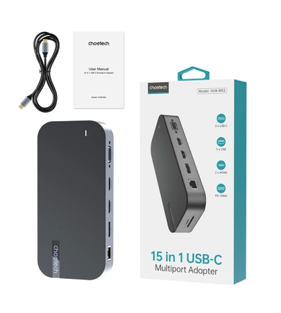 HUB Choetch M52 USB-C – USB-C PD/USB-C/USB-A/HDMI/VGA/DP/SD/TF/RJ45/AUX – grau