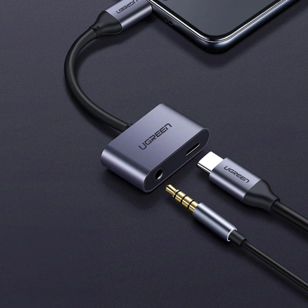 Ugreen adapter przejściówka rozdzielacz słuchawkowy USB Typ C - USB Typ C / 3,5 mm mini jack 1,5A szary (50596)