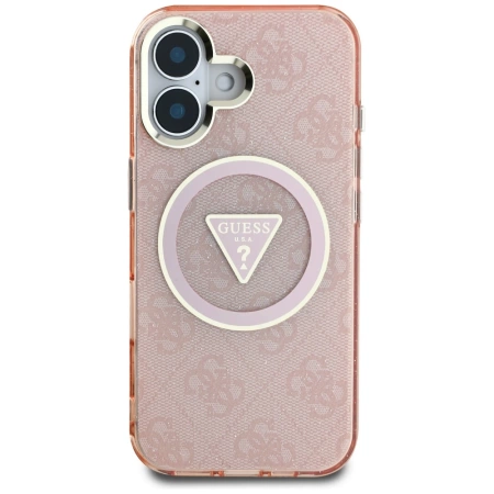 Guess IML Metal Glitter 4G Circle Triangle MagSafe Hülle für iPhone 16 - Pink