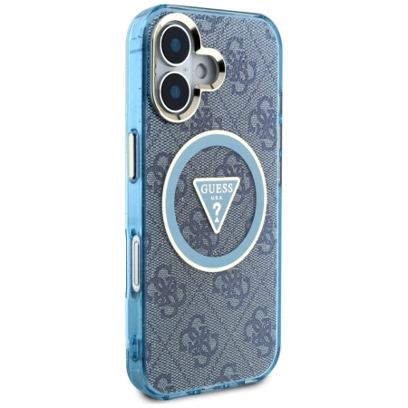 Guess IML Metal Glitter 4G Circle Triangle MagSafe Case für iPhone 16 - Blau