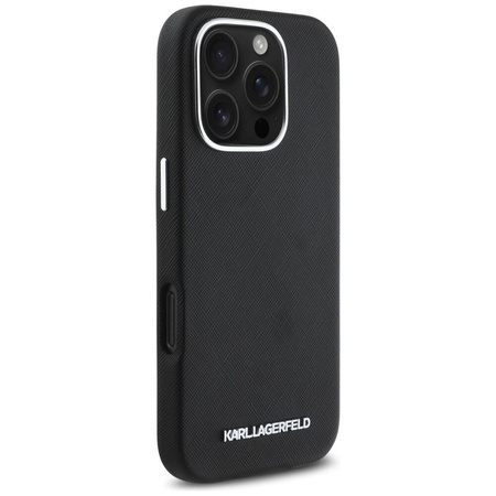 Original Handyhülle IPHONE 16 PRO MAX Karl Lagerfeld Saffiano Full Wrapped Elongated Metal Logo MagSafe schwarz