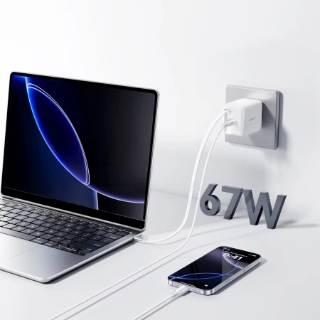 Joyroom JR-TCL06 67W GaN Wall Charger with Built-in Retractable USB-C Cable - White