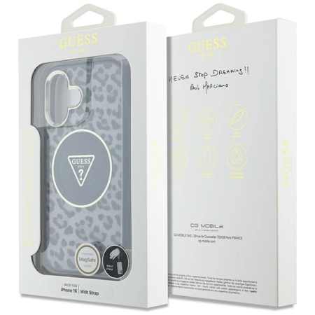 Oryginalne Etui IPHONE 16 Guess HC IML Leopard Triangle Cord Strap czarne