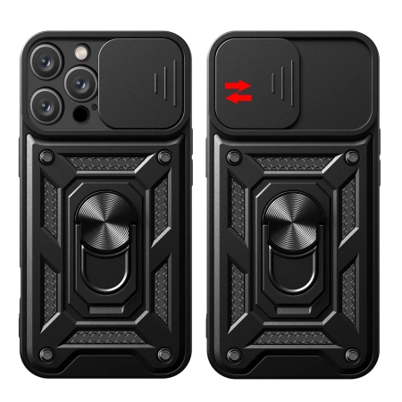 Hybrid Armor Camshield Panzerhülle für iPhone 16 Pro Max mit Kameraabdeckung und Ständer – Schwarz