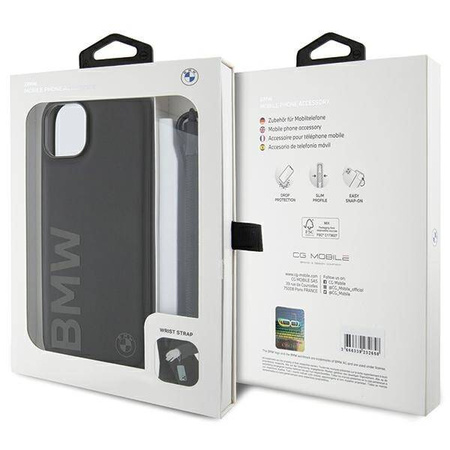 BMW Signature Leder-Wordmark-Cord-Hülle für iPhone 15 Plus / 14 Plus – Schwarz