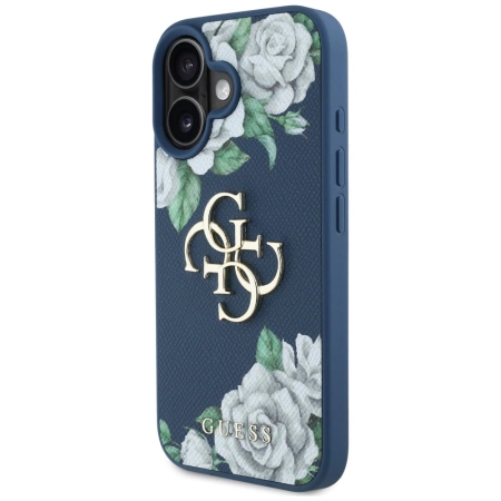 Etui Guess Grained Roses Big 4G logo na iPhone 16 - niebieskie