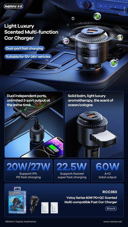 ŁAD SAM. REMAX YATOY SERIES WITH SCENT 60W PD QC RCC353 1xUSB +1xUSB-C BLACK