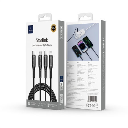 WIWU kabel Starlink Series 60W 3in1 Fast Charging cable Wi-C046E C-C+L+M czarny