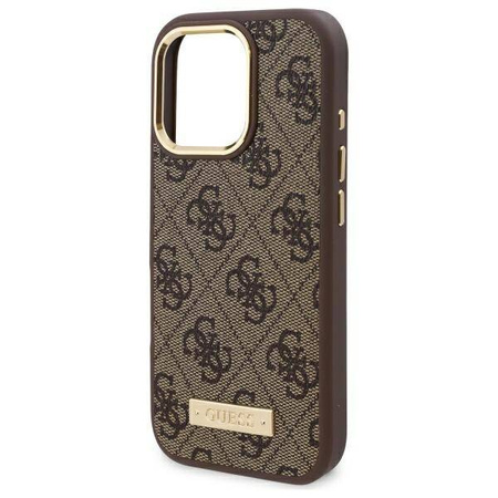 Oryginalne Etui IPHONE 16 PRO MAX Guess Hardcase 4G Logo Plate MagSafe (GUHMP16XU4GPRW) brązowe