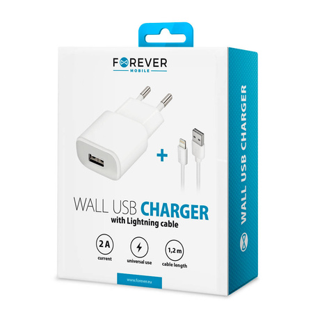 Forever ładowarka sieciowa TC-01 1x USB 2A biała + kabel Lightning