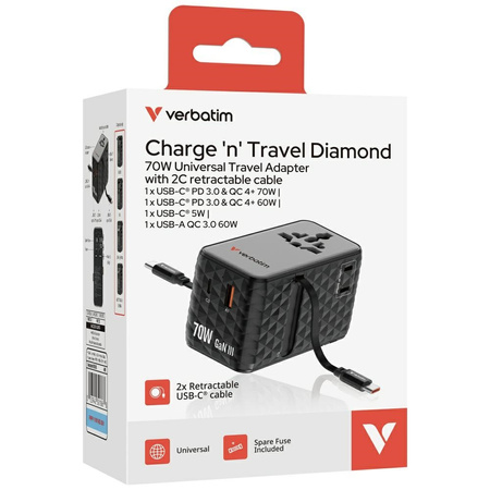 Verbatim Adapter podróżny EU/UK/US GaN   1xUSB-C/1xUSB-A/2xUSB-C PD 70W czarny 30186