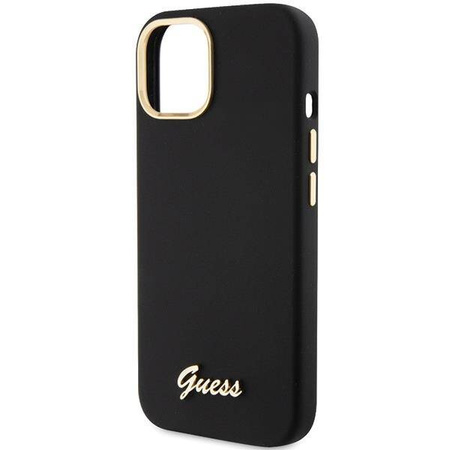 Guess Silikon Script Metal Logo &amp; Frame Hülle für iPhone 15 – Schwarz