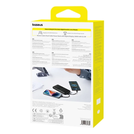 Baseus Lipow 10000mAh 22,5W Powerbank mit integriertem Dual-Kabel und Display (inkl. zusätzlichem schwarzen Baseus Simple USB-A-auf-USB-C-Kabel, 3A, 0,2 m) – Schwarz