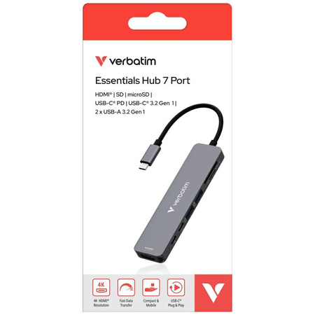 Adapter Hub Verbatim HDMI/USB-C           3.2/USB-C/2xUSB-A 3.2/SD/microSD aluminiowy 32158