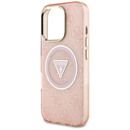 Guess IML Metal Glitter 4G Circle Triangle MagSafe Case für iPhone 16 Pro - Rosa