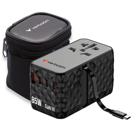 Verbatim Adapter podróżny EU/UK/US GaN   USB-A/3xUSB-C PD 85W CNT-02 czarny/black 32127