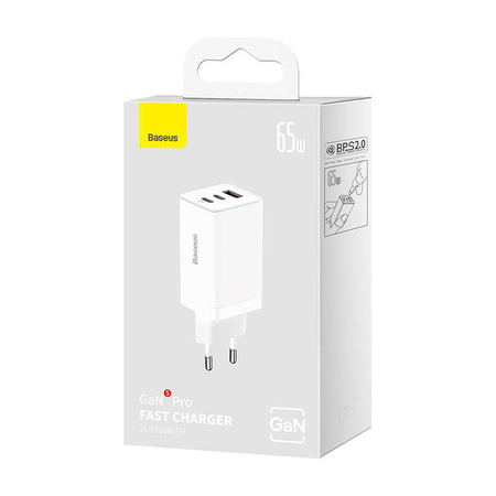 Baseus GaN5 Pro wall charger 2xUSB-C + USB, 65W (white)