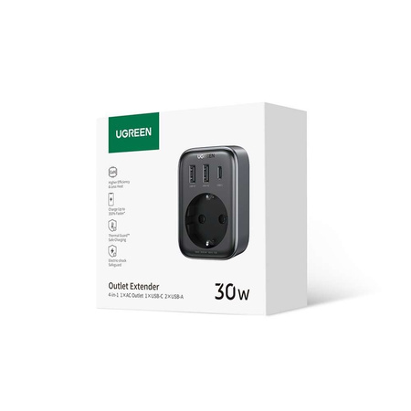 Wandladegerät 30W (2xUSB/USB C/AC) / Adapter EU - EU 13A Ugreen CD314 - Schwarz