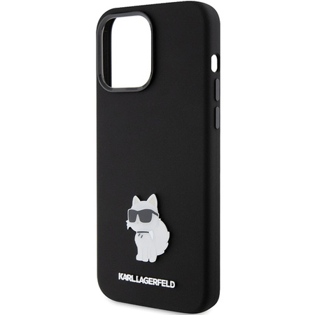 Karl Lagerfeld Choupette Metal Pin-Hülle aus Silikon für iPhone 15 Pro – Schwarz